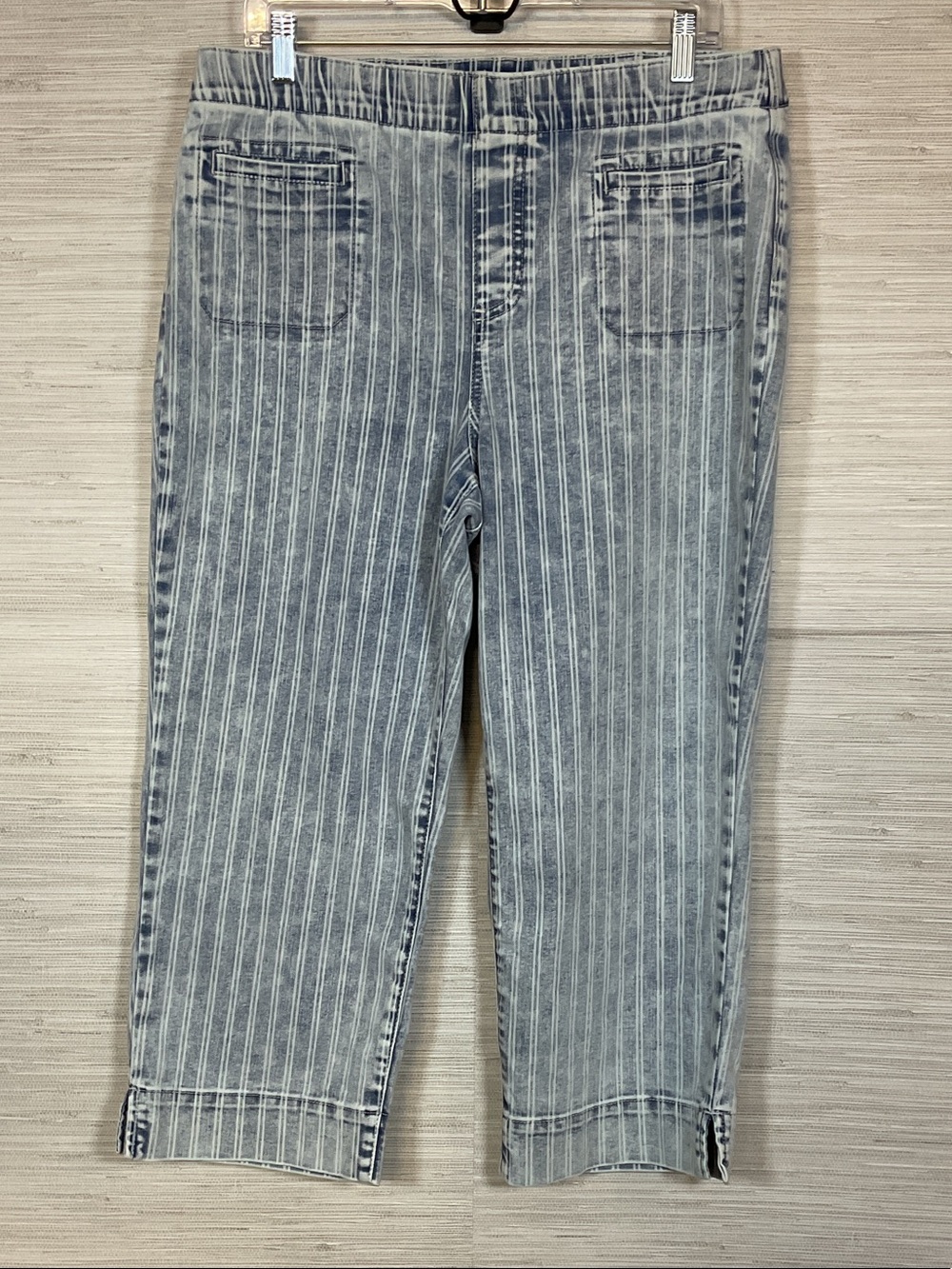 Westbound Railroad Striped Denim Cropped Pants Light Blue White Soft 12